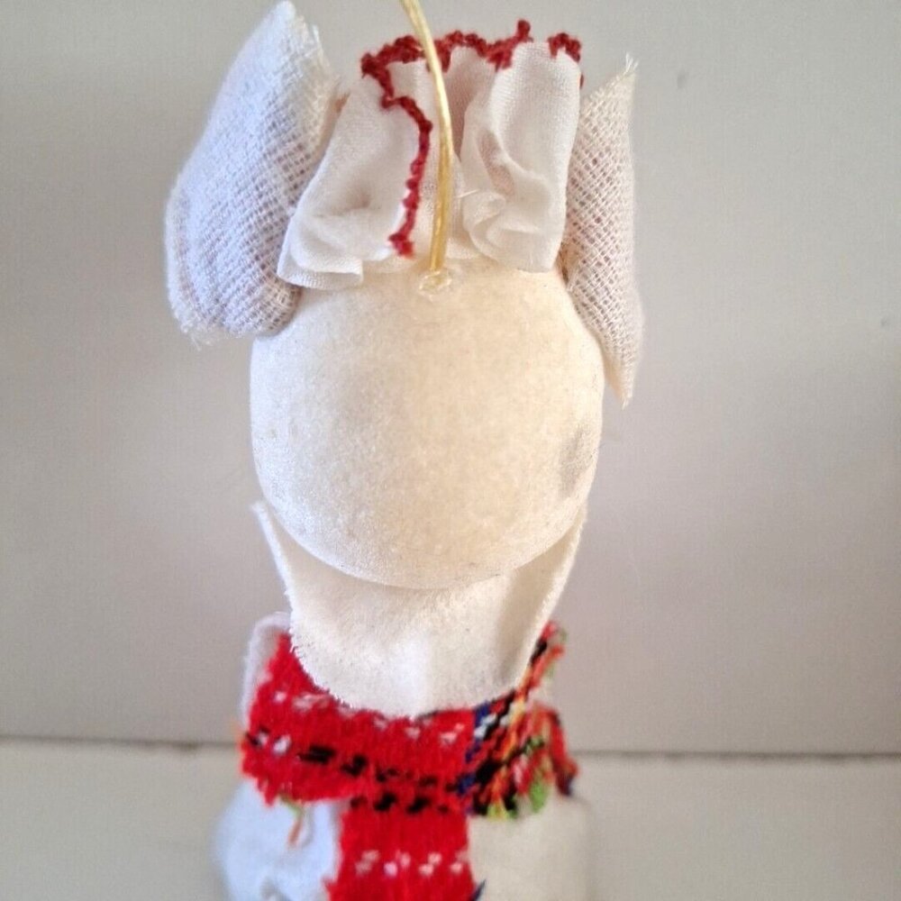 Flocked White Mouse Christmas Ornament 6" Plaid Apron Ears Vintage Taiwan - Picture 6 of 10